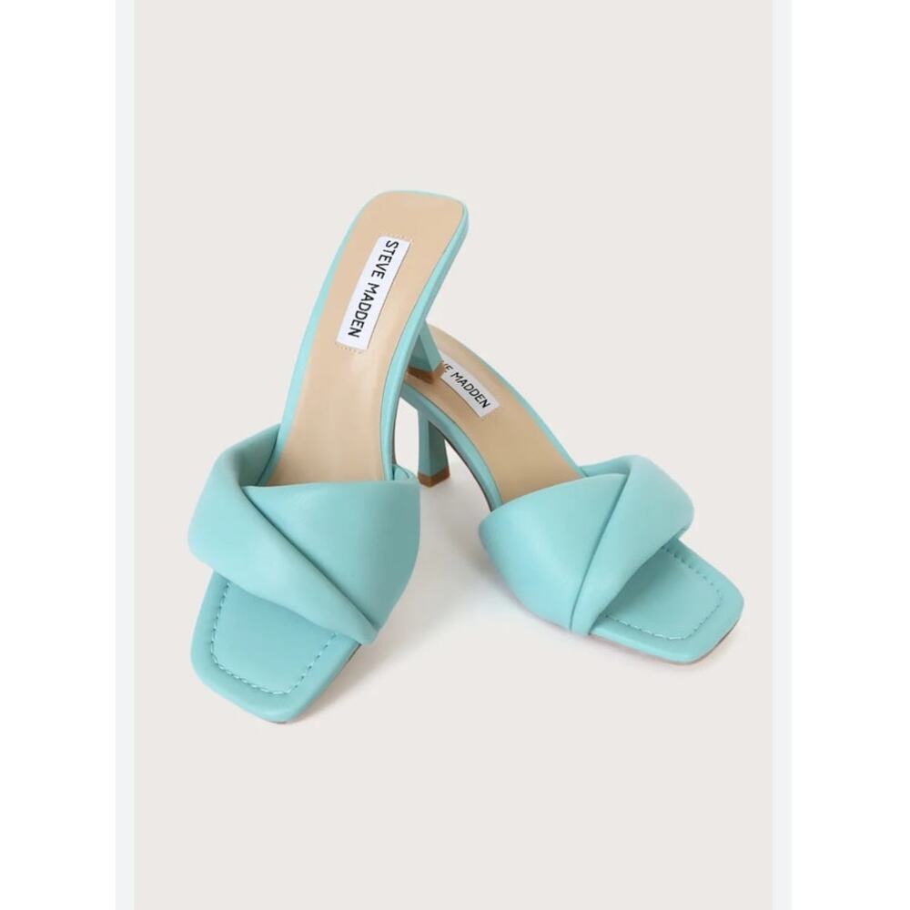 Steve Madden Thai Retro Minimalist Leather Turquoise Puffy Sandals Heels 6.5